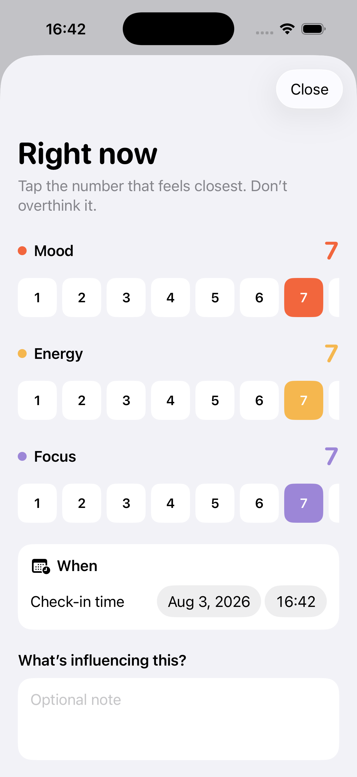 My Daily Hues check-in screen for mood, energy, and focus