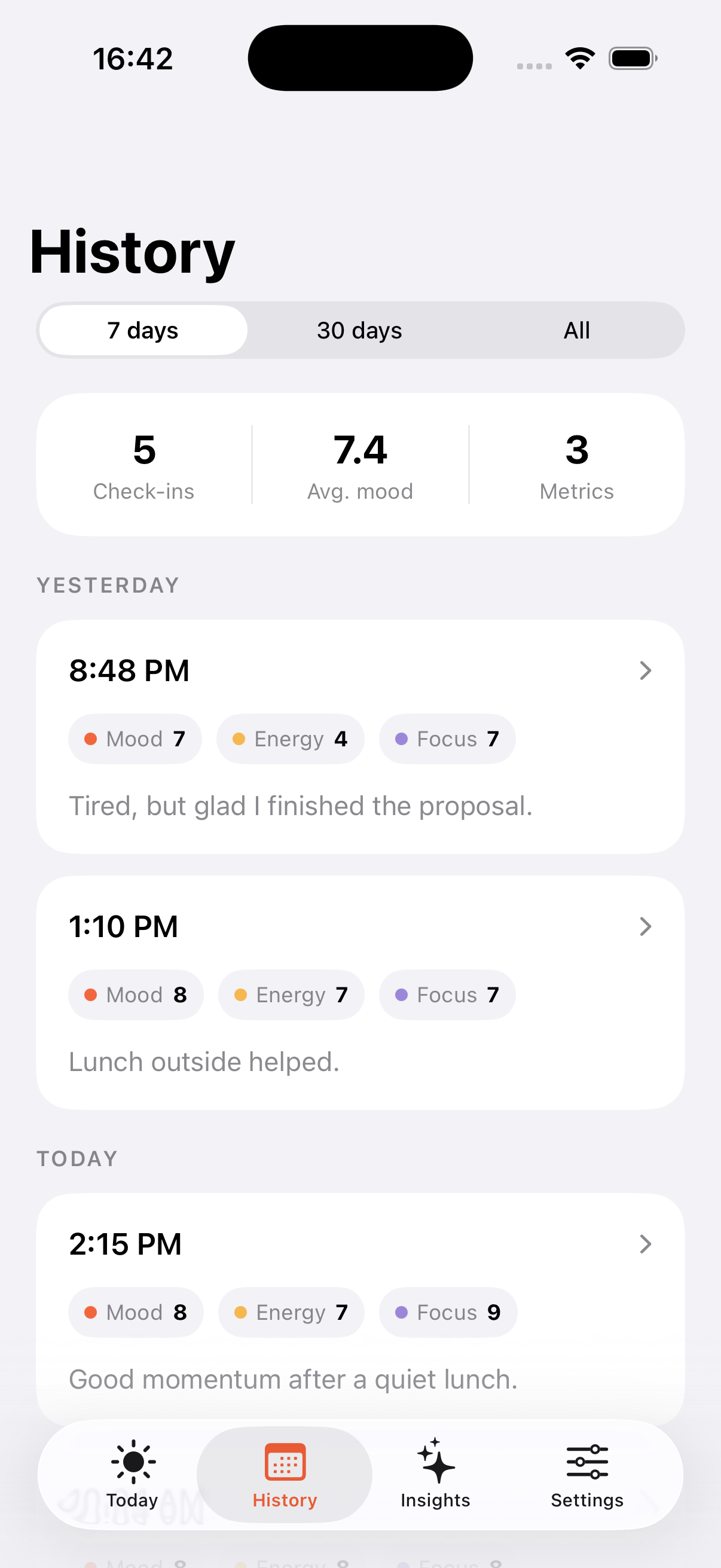 My Daily Hues History screen with recent check-ins