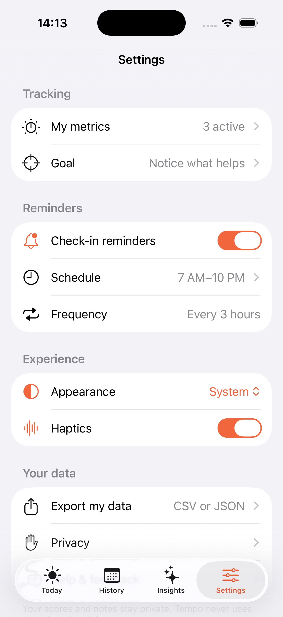 My Daily Hues Settings screen with reminders, appearance, and data controls