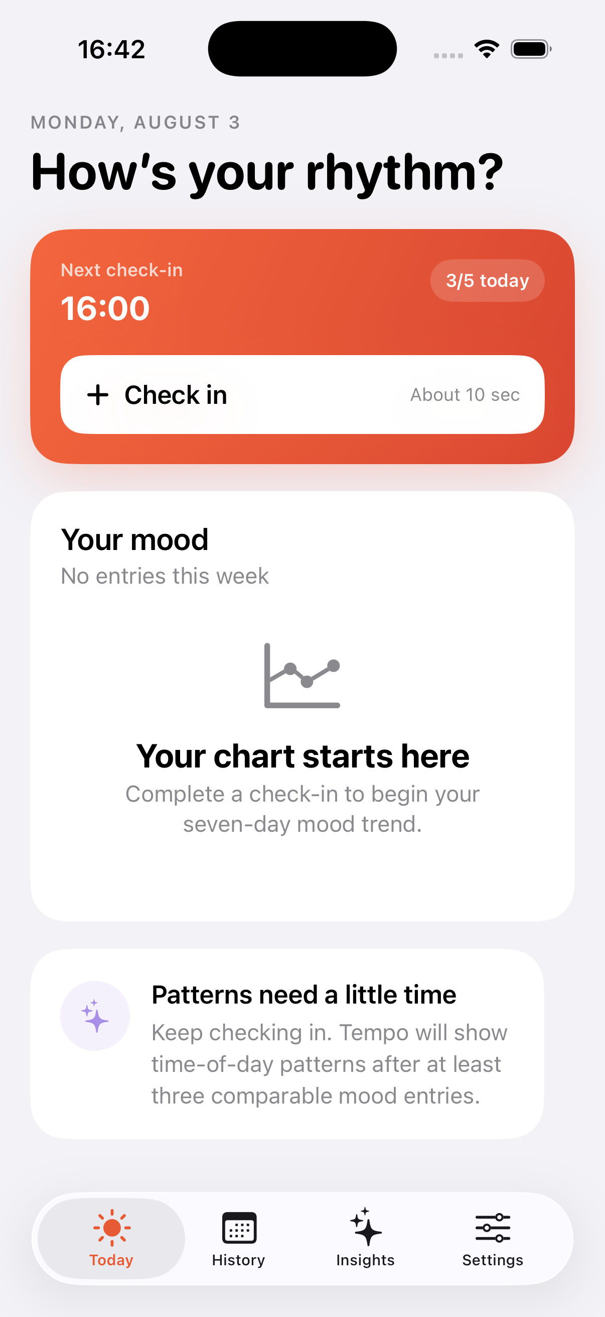 My Daily Hues Today screen showing the next check-in and mood chart